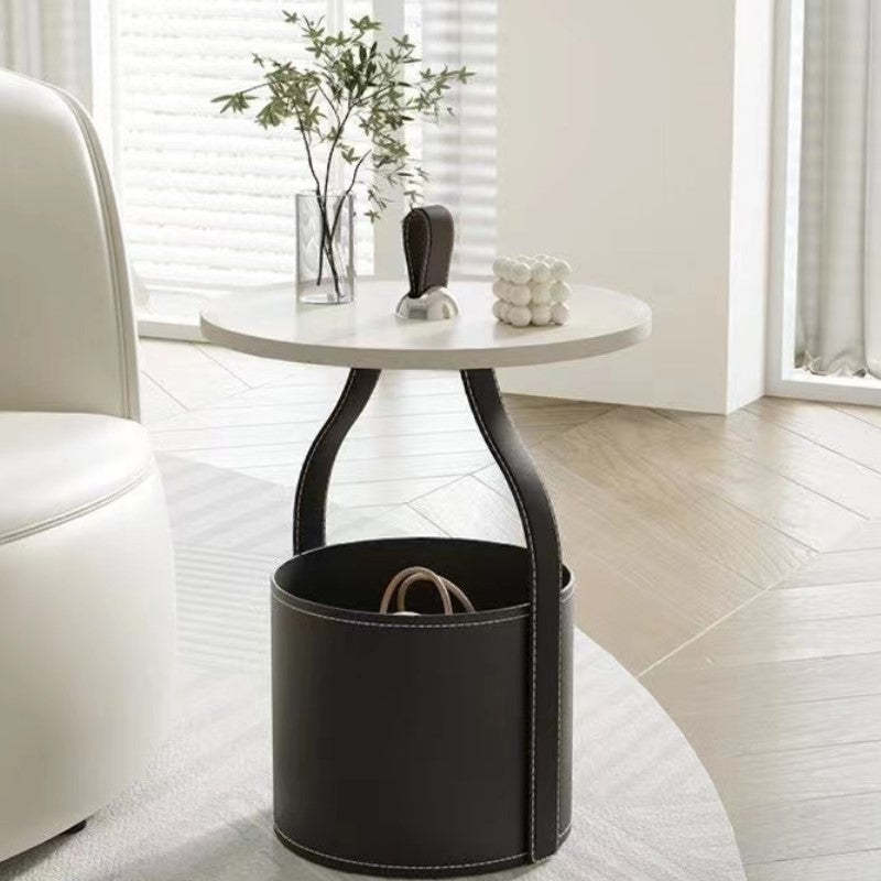 Scandinavian Saddle Leather Metal Drum 1-Tier End Table — Gray