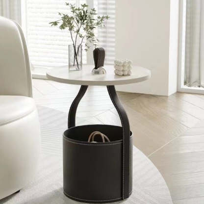 Scandinavian Saddle Leather Metal Drum 1-Tier End Table — Gray