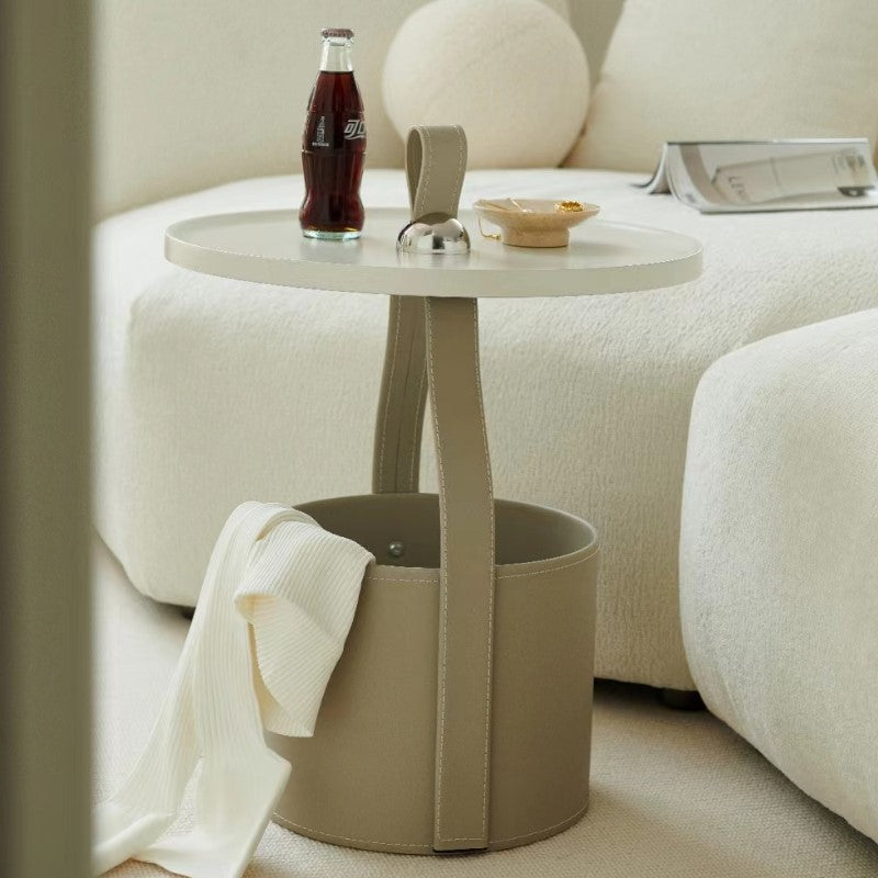 Scandinavian Saddle Leather Metal Drum 1-Tier End Table — Black