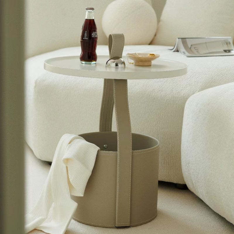 Scandinavian Saddle Leather Metal Drum 1-Tier End Table — Black