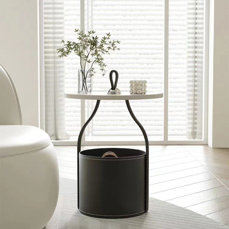 Scandinavian Saddle Leather Metal Drum 1-Tier End Table