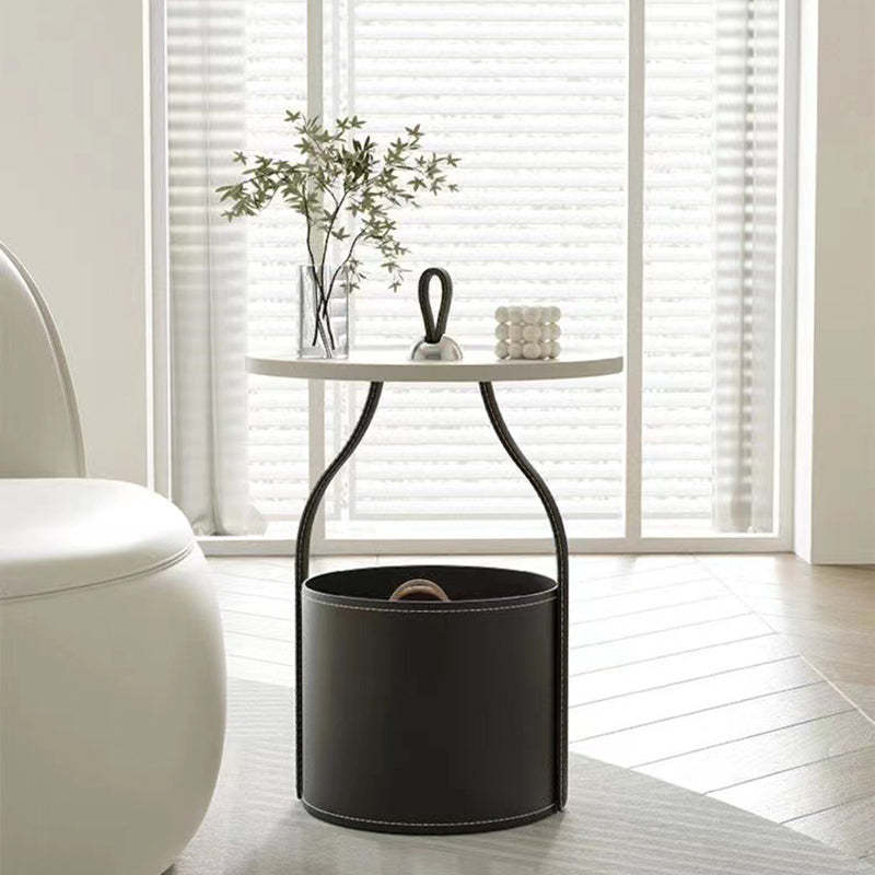 Scandinavian Saddle Leather Metal Drum 1-Tier End Table