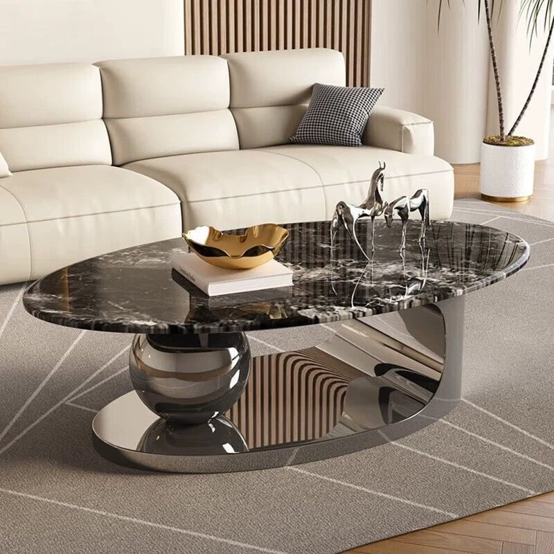 Scandinavian Oval Rock Slab Metal End Table — B & Silver