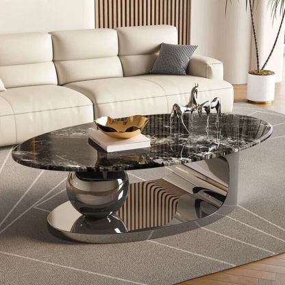 Scandinavian Oval Rock Slab Metal End Table — B & Silver