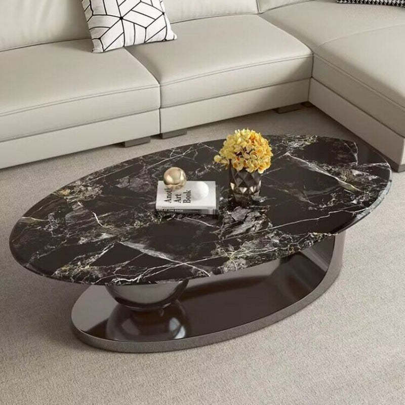 Scandinavian Oval Rock Slab Metal End Table