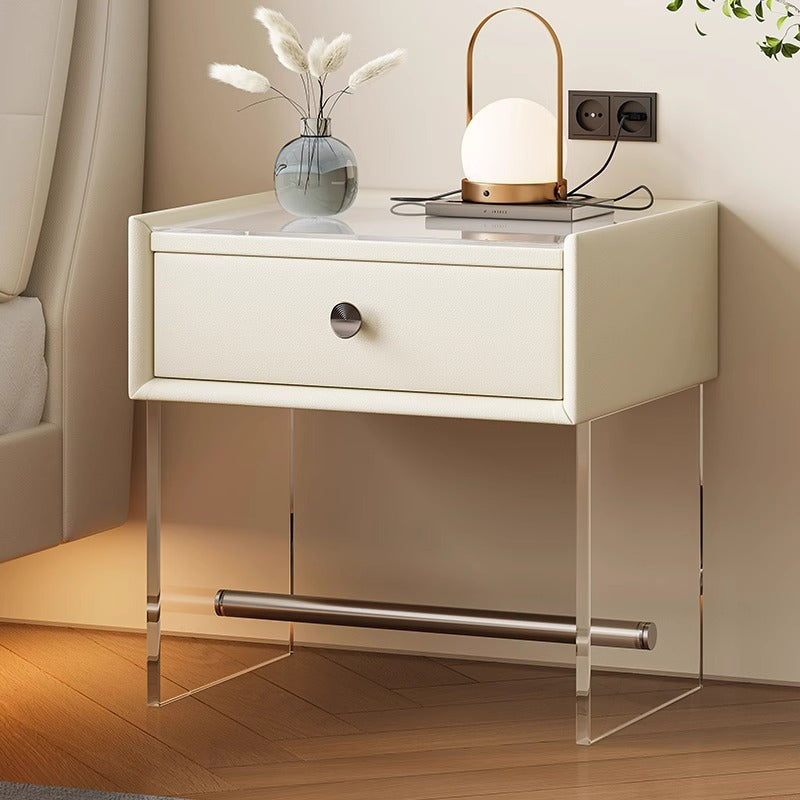 Minimalist Reinforced Glass Leather Wood Nightstand 1-Drawer