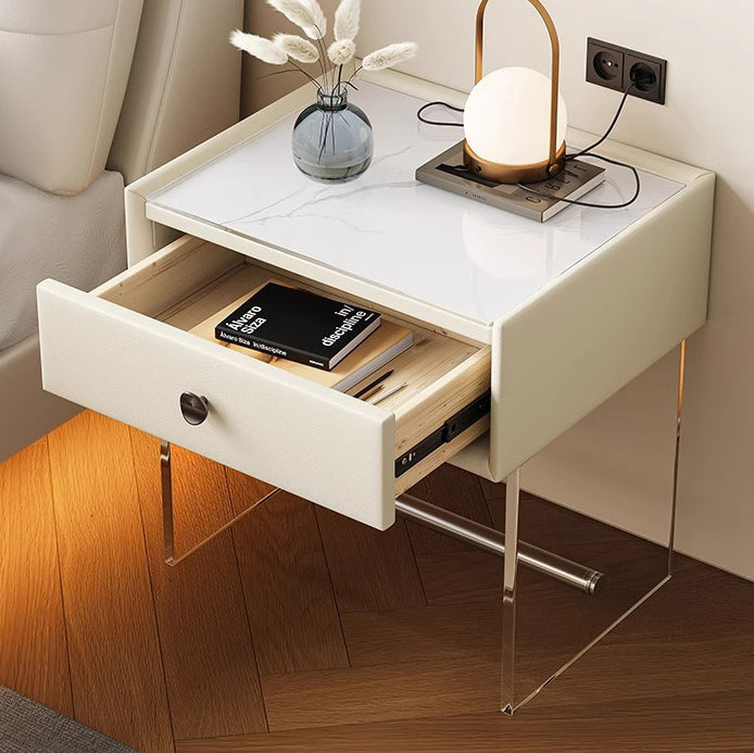 Minimalist Reinforced Glass Leather Wood Nightstand 1-Drawer — B / Blue