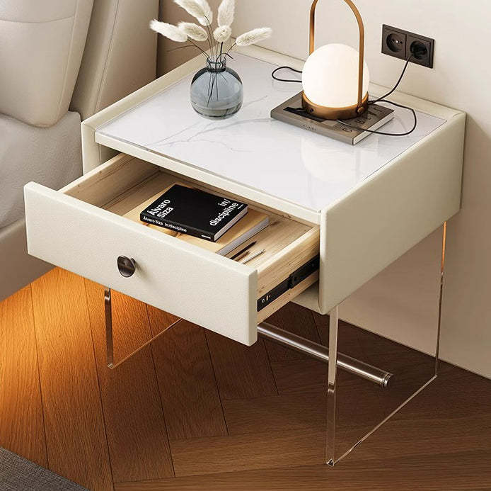 Minimalist Reinforced Glass Leather Wood Nightstand 1-Drawer — B / Blue
