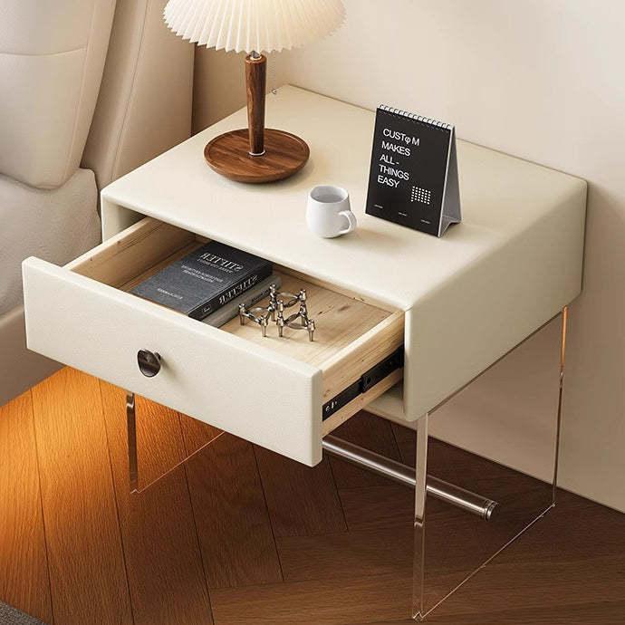 Minimalist Reinforced Glass Leather Wood Nightstand 1-Drawer — B / Orange
