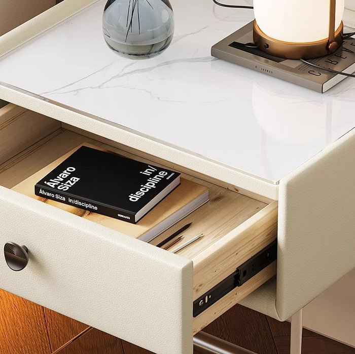 Minimalist Reinforced Glass Leather Wood Nightstand 1-Drawer — B / Gray