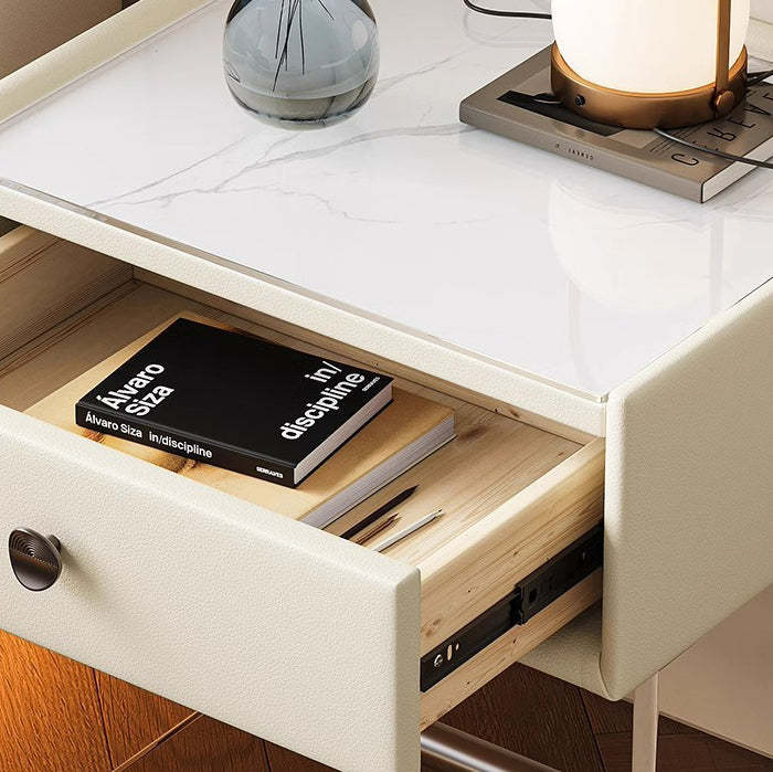Minimalist Reinforced Glass Leather Wood Nightstand 1-Drawer — B / Gray