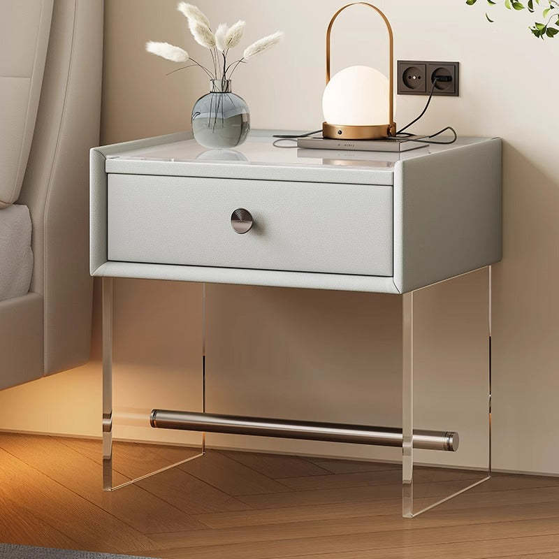 Minimalist Reinforced Glass Leather Wood Nightstand 1-Drawer