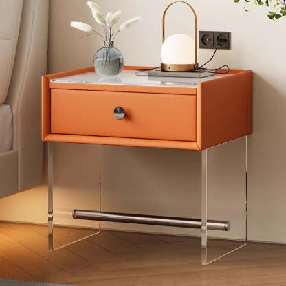 Minimalist Reinforced Glass Leather Wood Nightstand 1-Drawer