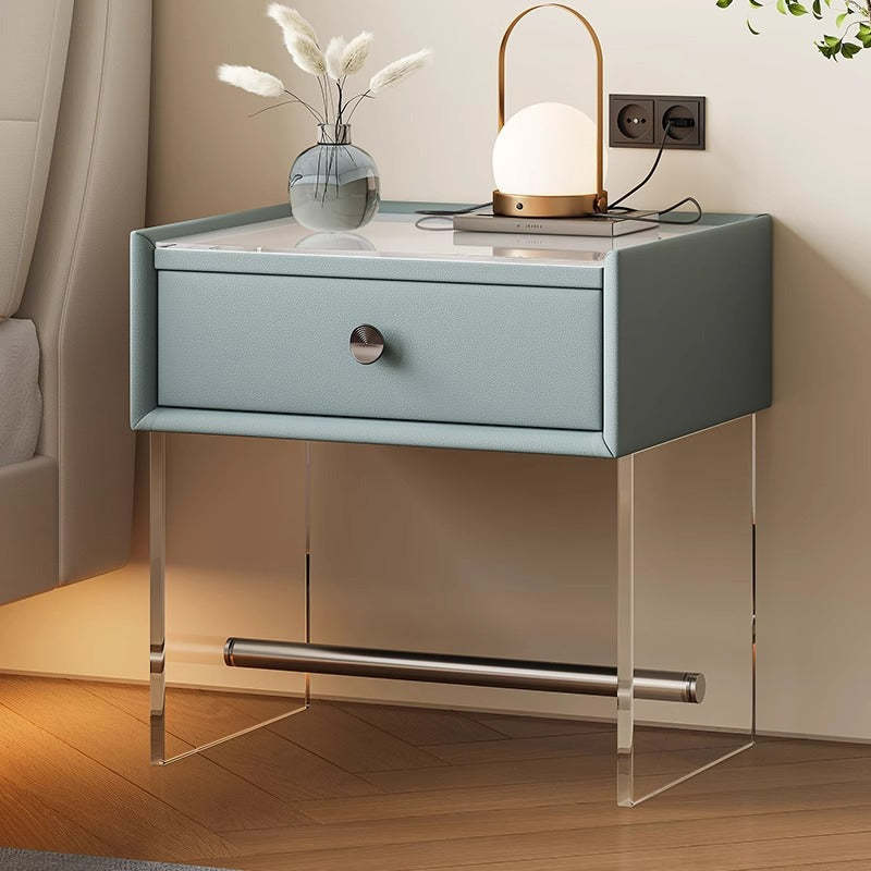 Minimalist Reinforced Glass Leather Wood Nightstand 1-Drawer — A / Orange
