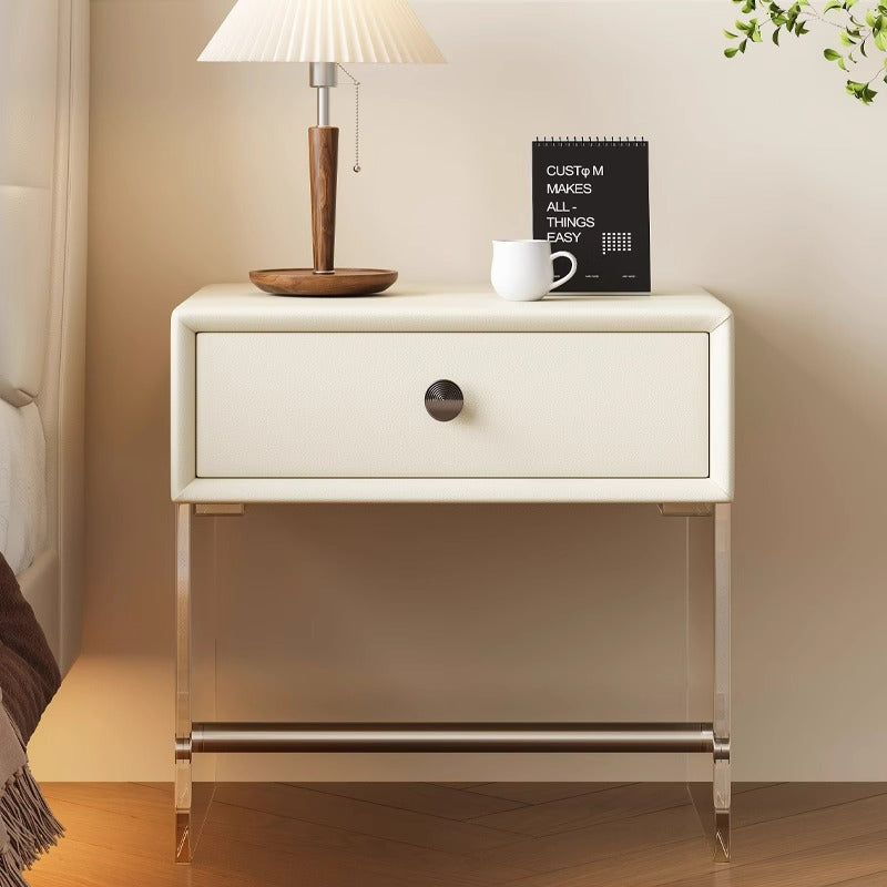 Minimalist Reinforced Glass Leather Wood Nightstand 1-Drawer — A / Gray