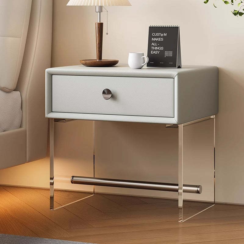 Minimalist Reinforced Glass Leather Wood Nightstand 1-Drawer