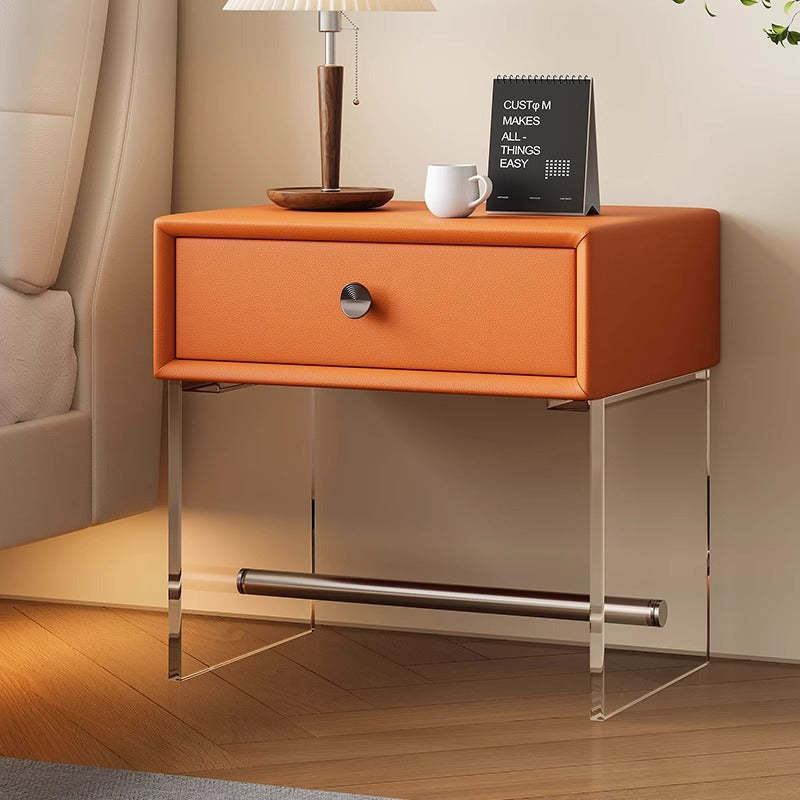 Minimalist Reinforced Glass Leather Wood Nightstand 1-Drawer — A / Blue
