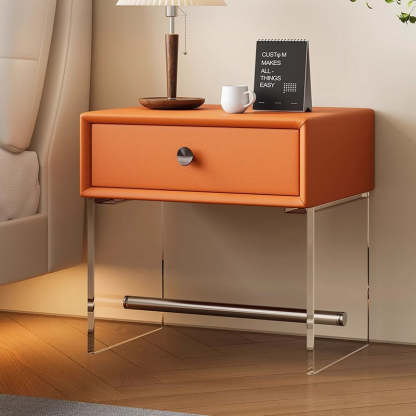 Minimalist Reinforced Glass Leather Wood Nightstand 1-Drawer — A / Blue
