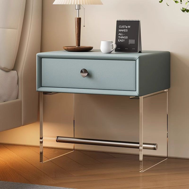 Minimalist Reinforced Glass Leather Wood Nightstand 1-Drawer