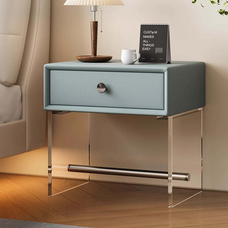 Minimalist Reinforced Glass Leather Wood Nightstand 1-Drawer
