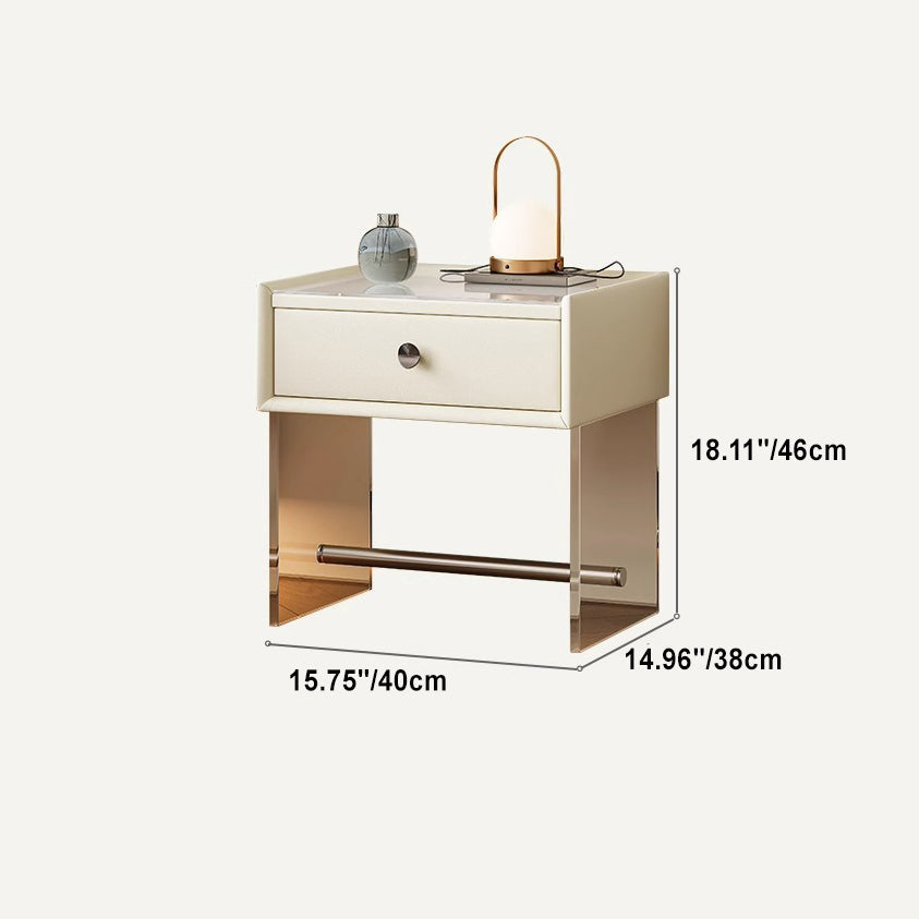 Minimalist Reinforced Glass Leather Wood Nightstand 1-Drawer — B / White