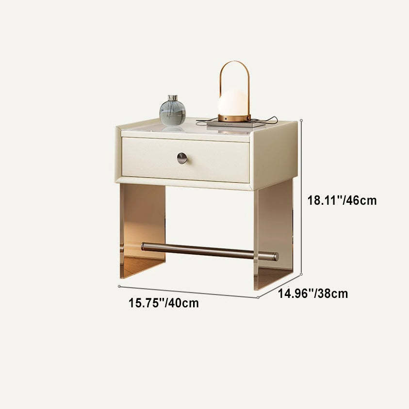 Minimalist Reinforced Glass Leather Wood Nightstand 1-Drawer — B / White