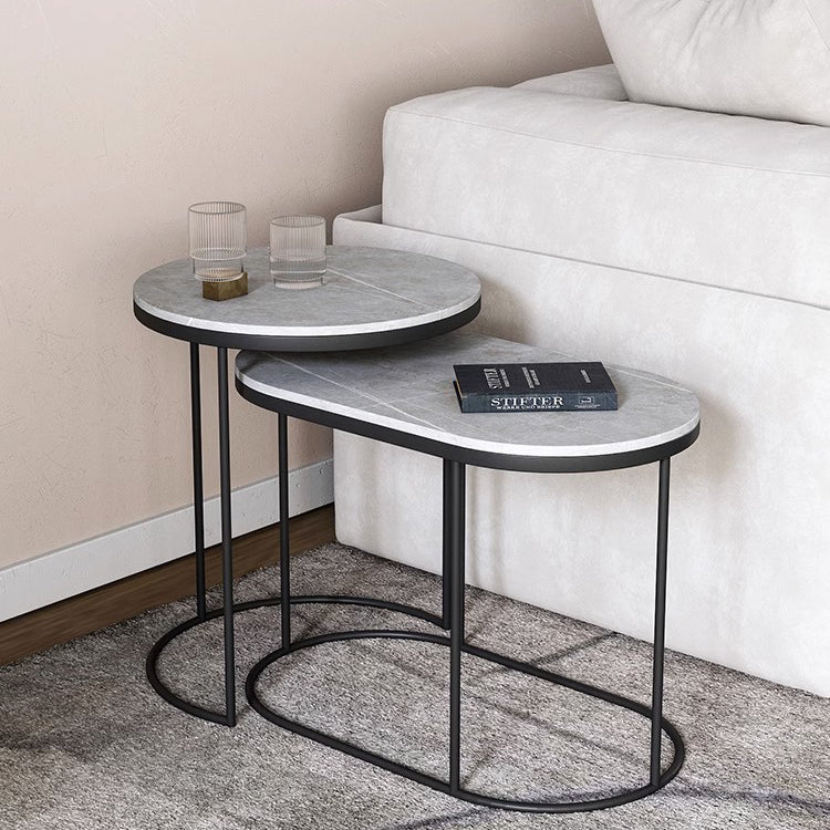 Nordic Elliptical Slab Iron End Table — White & Gray Table Top - Gold Frame
