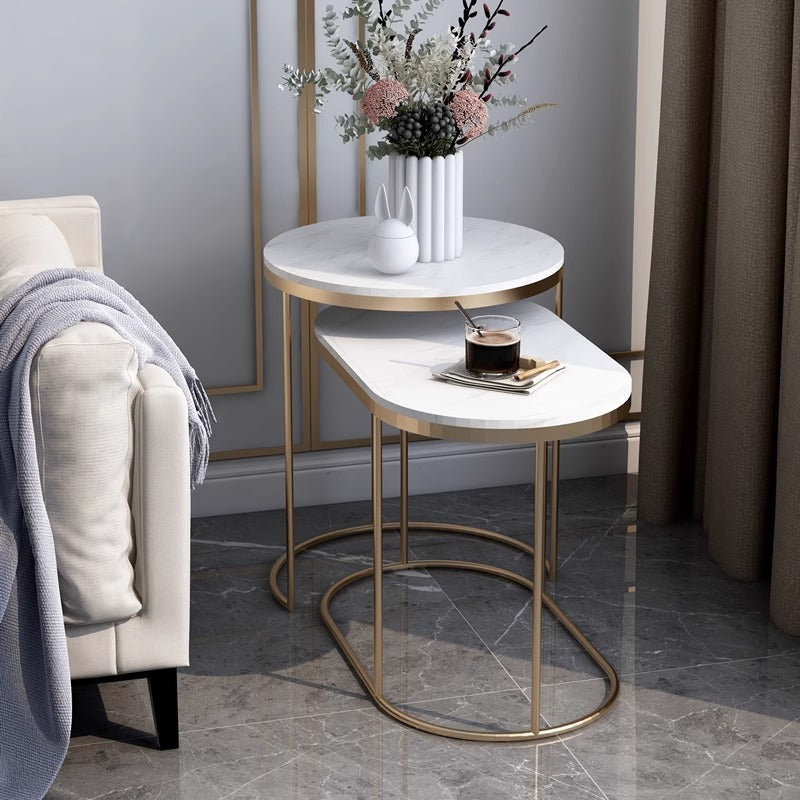 Nordic Elliptical Slab Iron End Table — White & Gold Table Top - Black Frame