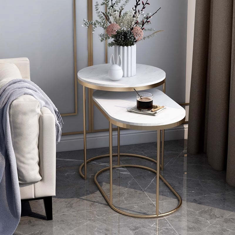 Nordic Elliptical Slab Iron End Table — White & Gold Table Top - Black Frame