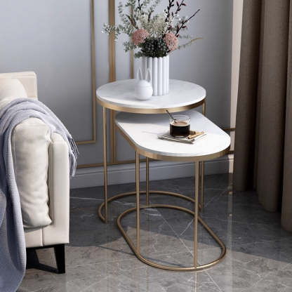 Nordic Elliptical Slab Iron End Table — White & Gold Table Top - Black Frame