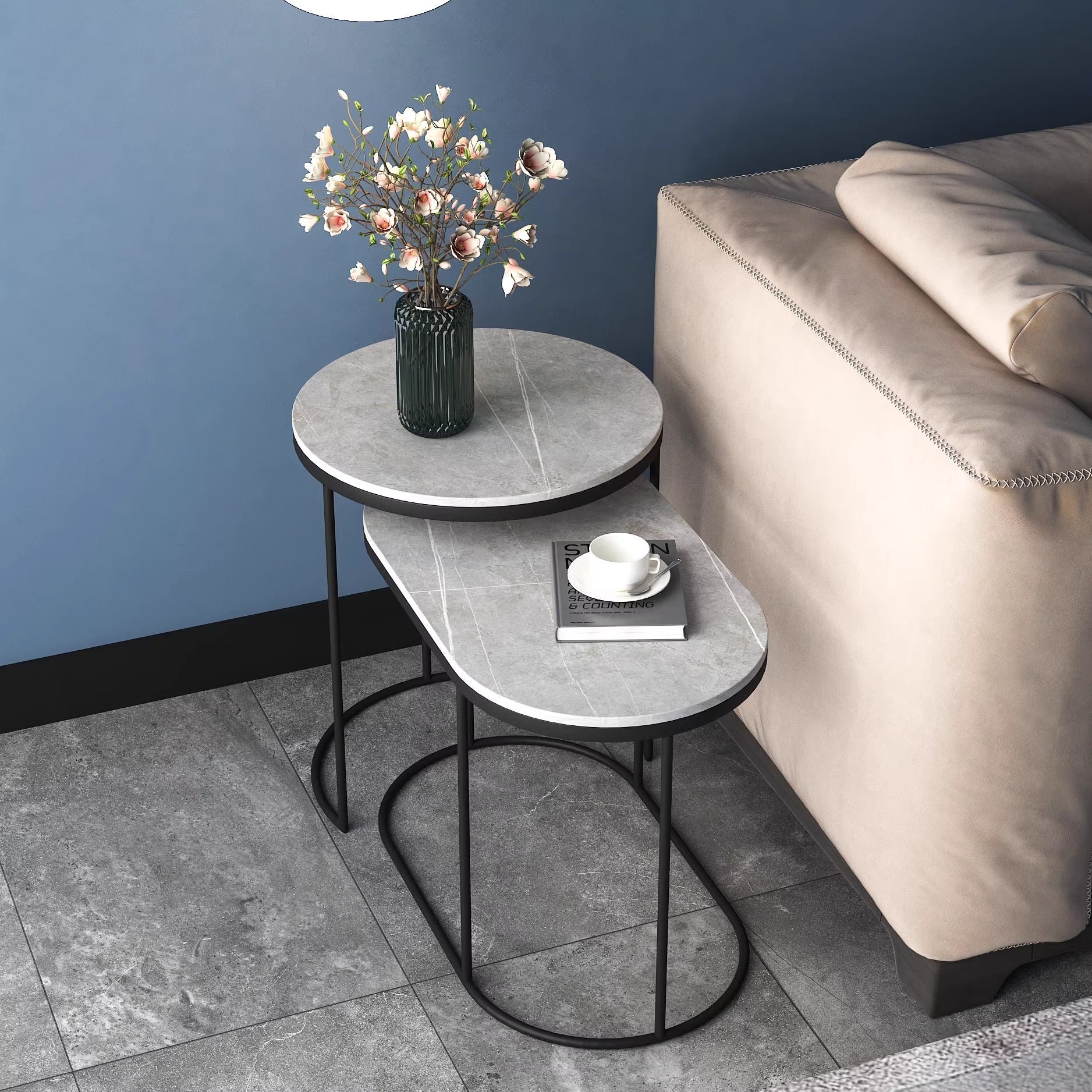 Nordic Elliptical Slab Iron End Table — White & Gold Table Top - Gold Frame