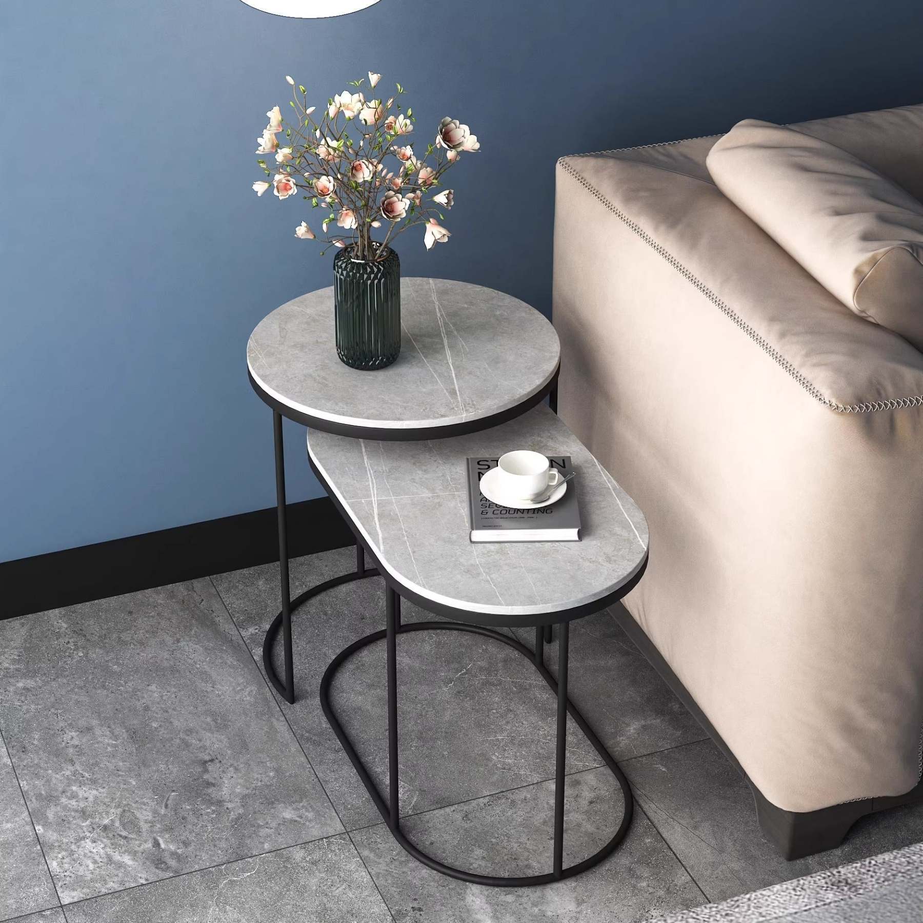 Nordic Elliptical Slab Iron End Table — White & Gold Table Top - Gold Frame