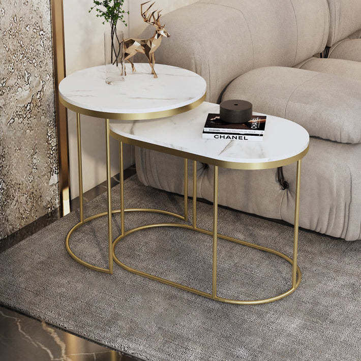 Nordic Elliptical Slab Iron End Table — White Table Top - Gold Frame