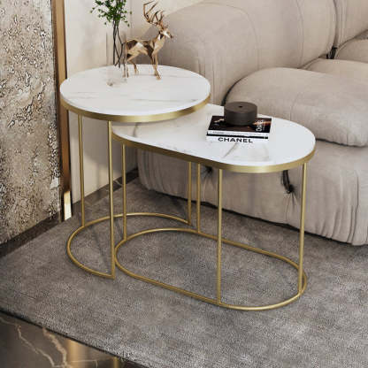 Nordic Elliptical Slab Iron End Table — White Table Top - Gold Frame