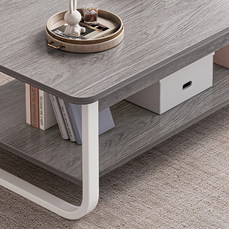 Minimalist Rectangular Steel 2-Tier Coffee Table — White Table Top & Black Frame