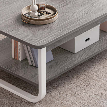 Minimalist Rectangular Steel 2-Tier Coffee Table — White Table Top & Black Frame