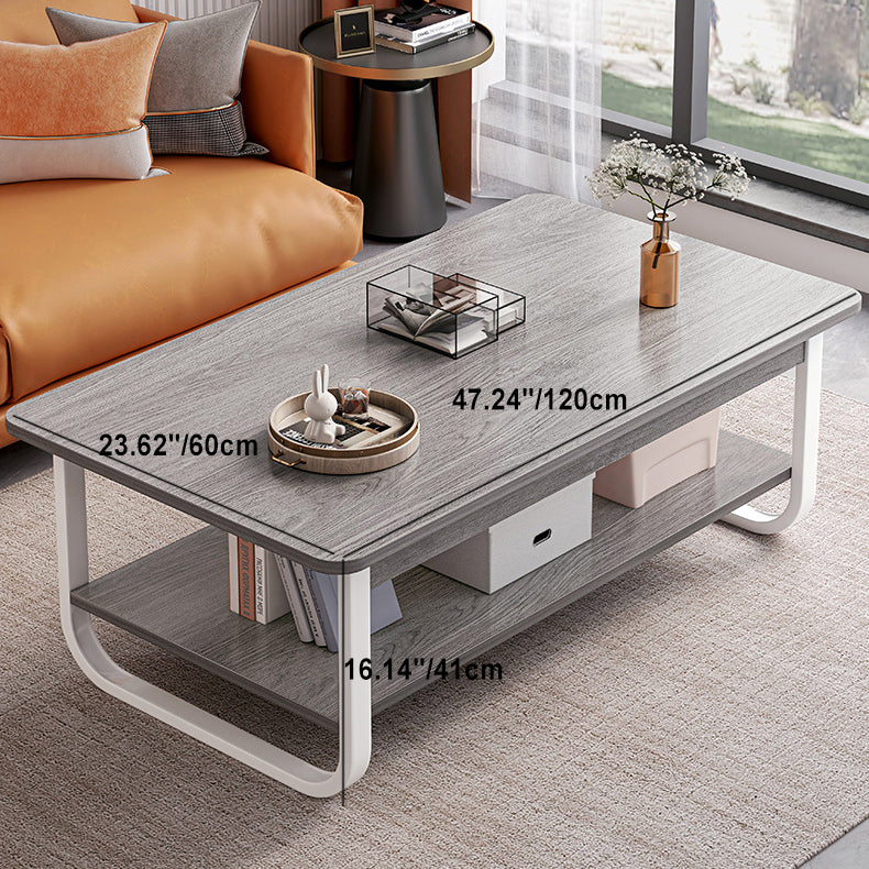 Minimalist Rectangular Steel 2-Tier Coffee Table — Walnut Color Table Top & Black Frame