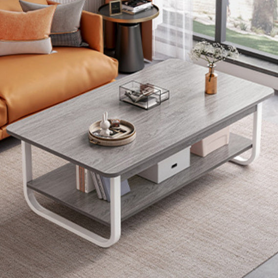 Minimalist Rectangular Steel 2-Tier Coffee Table — Walnut Color Table Top & Black Frame
