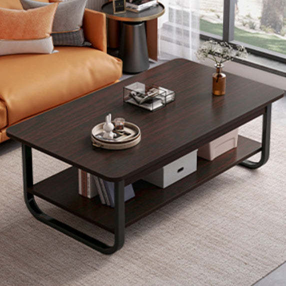 Minimalist Rectangular Steel 2-Tier Coffee Table — Walnut Color Table Top & Black Frame