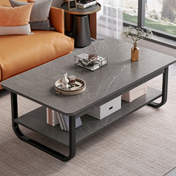 Minimalist Rectangular Steel 2-Tier Coffee Table — Gray Table Top & White Frame