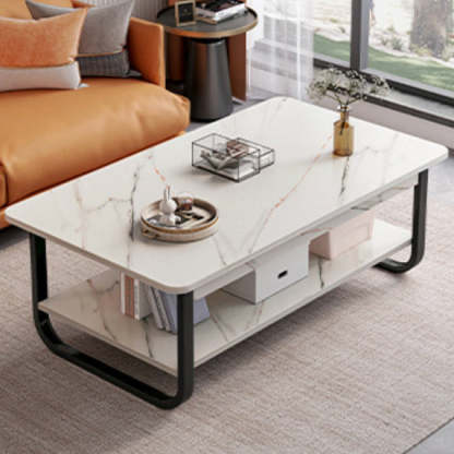 Minimalist Rectangular Steel 2-Tier Coffee Table — Gray Table Top & Black Frame