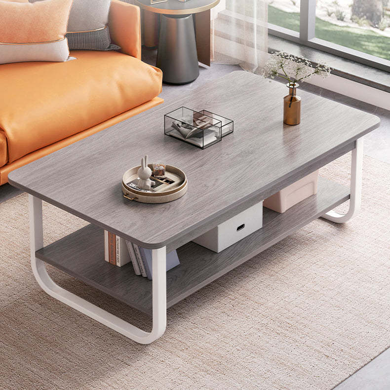 Minimalist Rectangular Steel 2-Tier Coffee Table — Gray Table Top & Black Frame