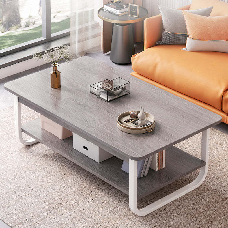 Minimalist Rectangular Steel 2-Tier Coffee Table — White Table Top & Black Frame
