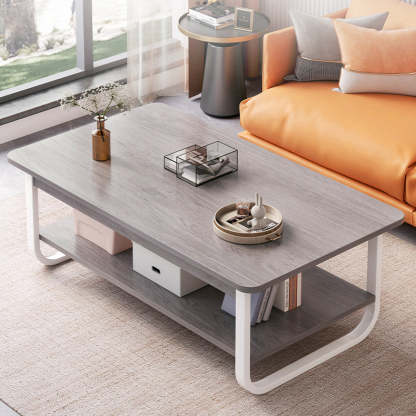 Minimalist Rectangular Steel 2-Tier Coffee Table — White Table Top & Black Frame