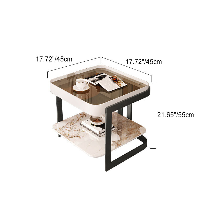 Modern Slab Reinforced Glass Iron End Table — White Frame & Pandora Slab
