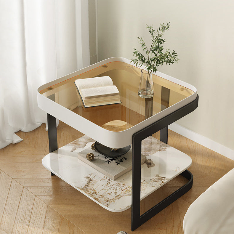 Modern Slab Reinforced Glass Iron End Table — Orange Frame & White Slab