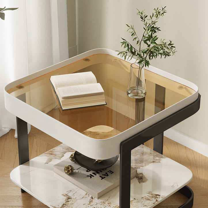 Modern Slab Reinforced Glass Iron End Table — Orange Frame & White Slab
