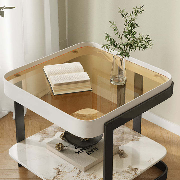 Modern Slab Reinforced Glass Iron End Table — Orange Frame & White Slab