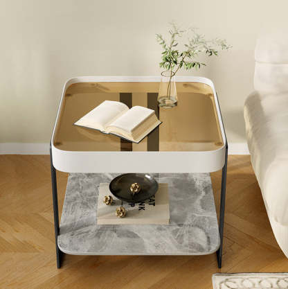 Modern Slab Reinforced Glass Iron End Table — White Frame & Pandora Slab