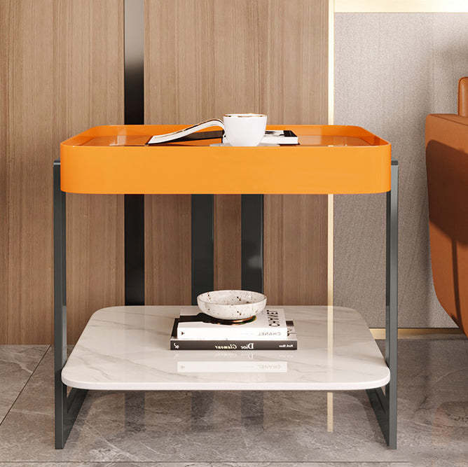 Modern Slab Reinforced Glass Iron End Table — Blue Frame & White Slab